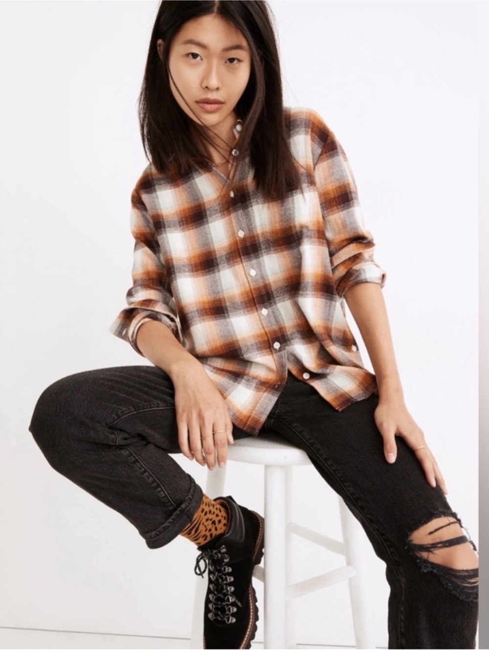 Madewell Flannel Side-Button Oversized Ex-Boyfriend Shirt Bickett Plaid